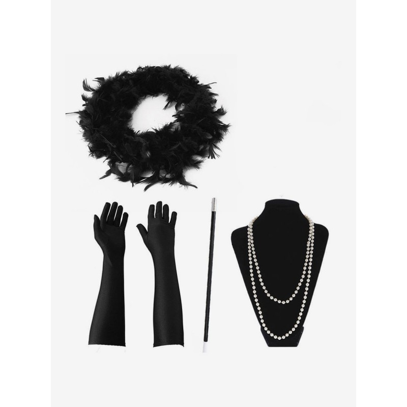 1920s Fashion Great Gatsby Accessories Flapper Women Feathers Pearls Necklace Tobacco Pipe Gloves Set Vintage Halloween