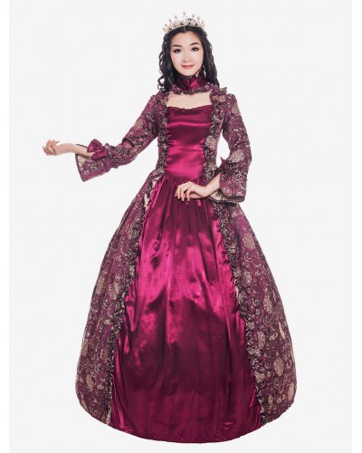 Women Victorian Dress Costume 's Burgundy Long Sleeves Square Neckline Flower Print Ball Gown With Choker Style Vintage Clothing Halloween Sets Victorian Era