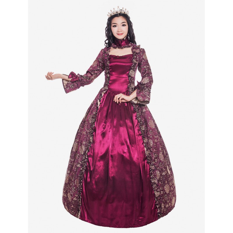 Women Victorian Dress Costume 's Burgundy Long Sleeves Square Neckline Flower Print Ball Gown With Choker Style Vintage Clothing Halloween Sets Victorian Era