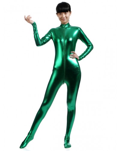 Women Dark Green Adults Bodysuit Cosplay Jumpsuit Shiny Metallic Catsuit Solid