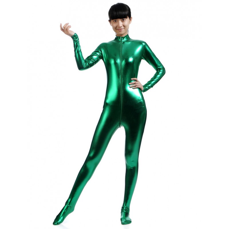 Women Dark Green Adults Bodysuit Cosplay Jumpsuit Shiny Metallic Catsuit Solid