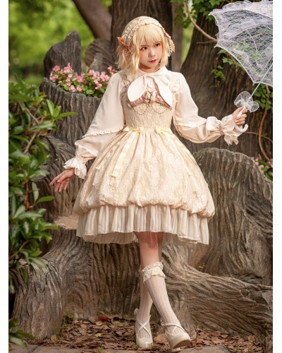 Gothic Lolita Dresses Ruffles Lace Light Apricot White Adjustable Elastic