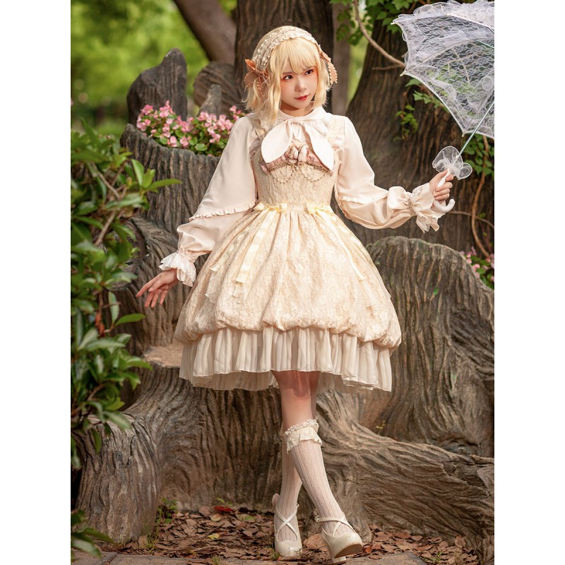 Gothic Lolita Dresses Ruffles Lace Light Apricot White Adjustable Elastic