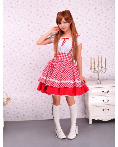 Cotton White Short Sleeves Blouse And Red Checked Cloth School Lolita Skirt Sweet