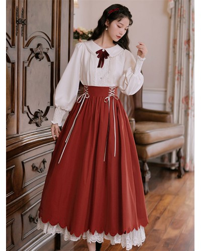 Lolita Outfits Black Bow Lace Ruffles Lace Up Long Sleeves Long Skirt Blouse Sweet Classic  Traditional