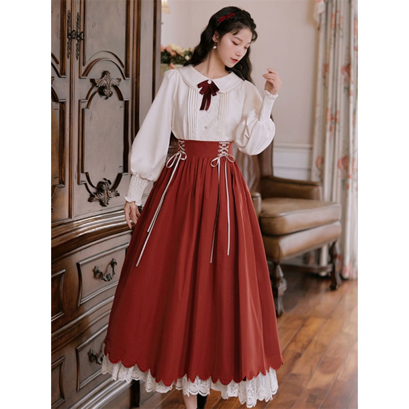 Lolita Outfits Black Bow Lace Ruffles Lace Up Long Sleeves Long Skirt Blouse Sweet Classic  Traditional