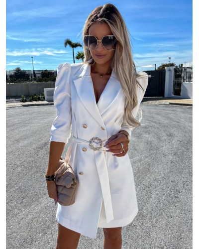 Women White Belt Double Breasted Solid Color Slim Fit Casual Stylish Spring Fall Outerwear Blazer Dress Office  Career