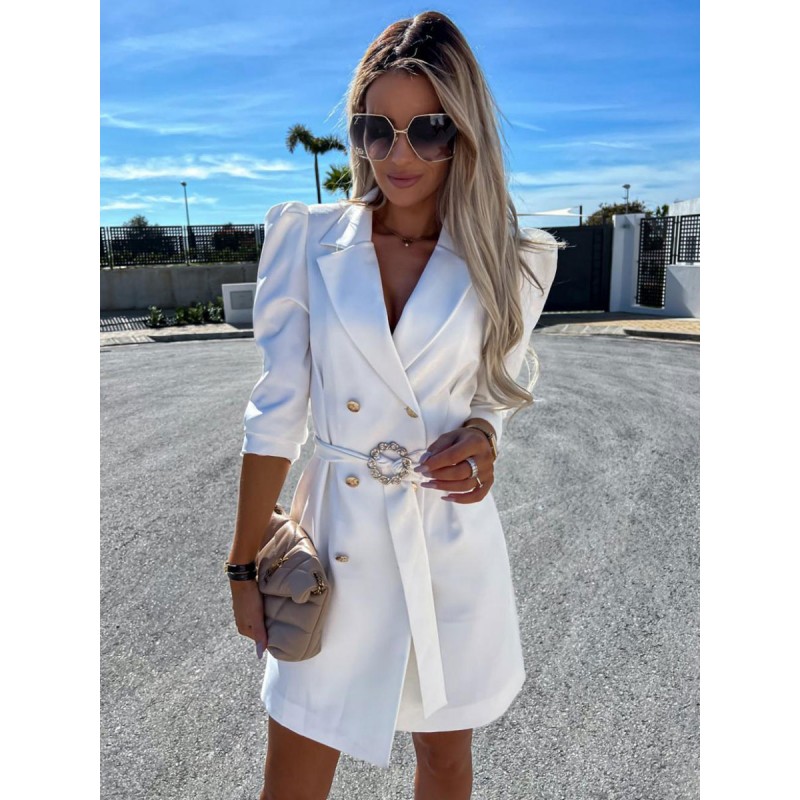 Women White Belt Double Breasted Solid Color Slim Fit Casual Stylish Spring Fall Outerwear Blazer Dress Office  Career