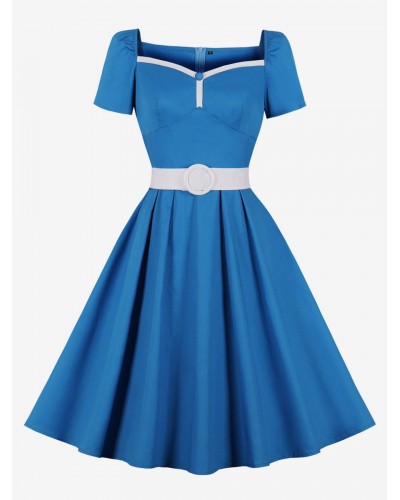 Women Vintage Dress Sweetheart Neck Buttons 1950s Audrey Hepburn Style Short Sleeves Color Block Knee Length Blue Swing Dress Bodycon Daily Casual Party