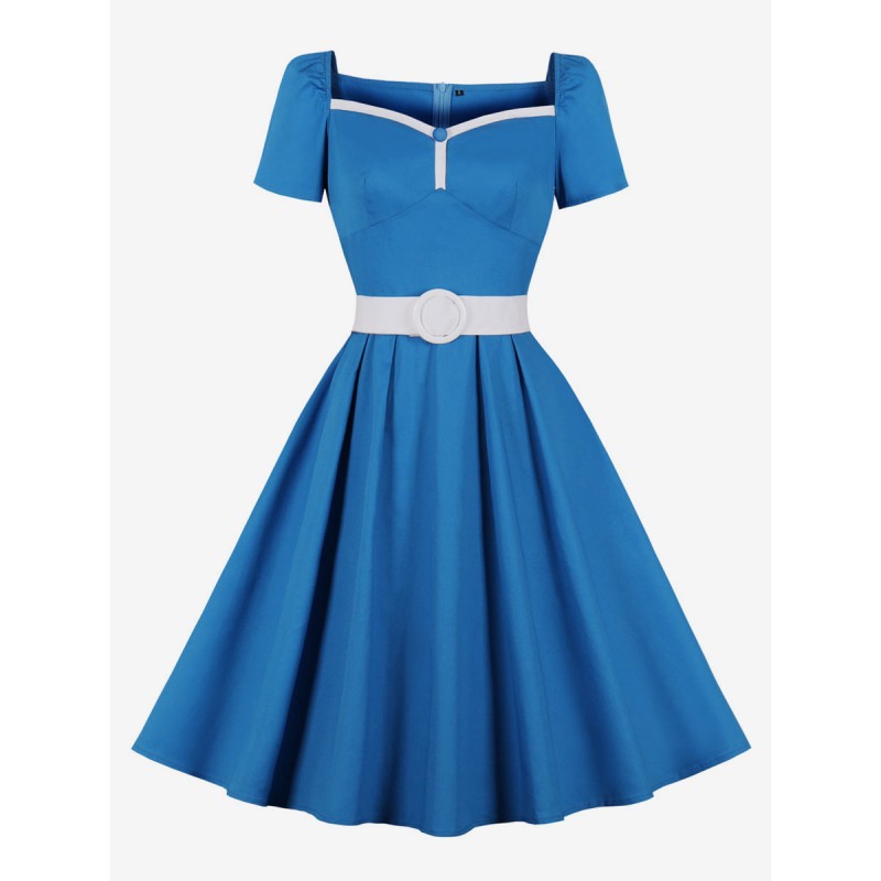 Women Vintage Dress Sweetheart Neck Buttons 1950s Audrey Hepburn Style Short Sleeves Color Block Knee Length Blue Swing Dress Bodycon Daily Casual Party