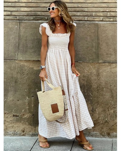 Women Sleeveless Dress Casual Plaid Long Dress Maxi Bohemian Spring