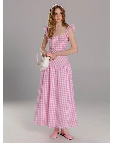 Women Barbie Pink Gingham Dress Square Neck Plaid Long Beach Dress Bodycon Spring Summer Fall