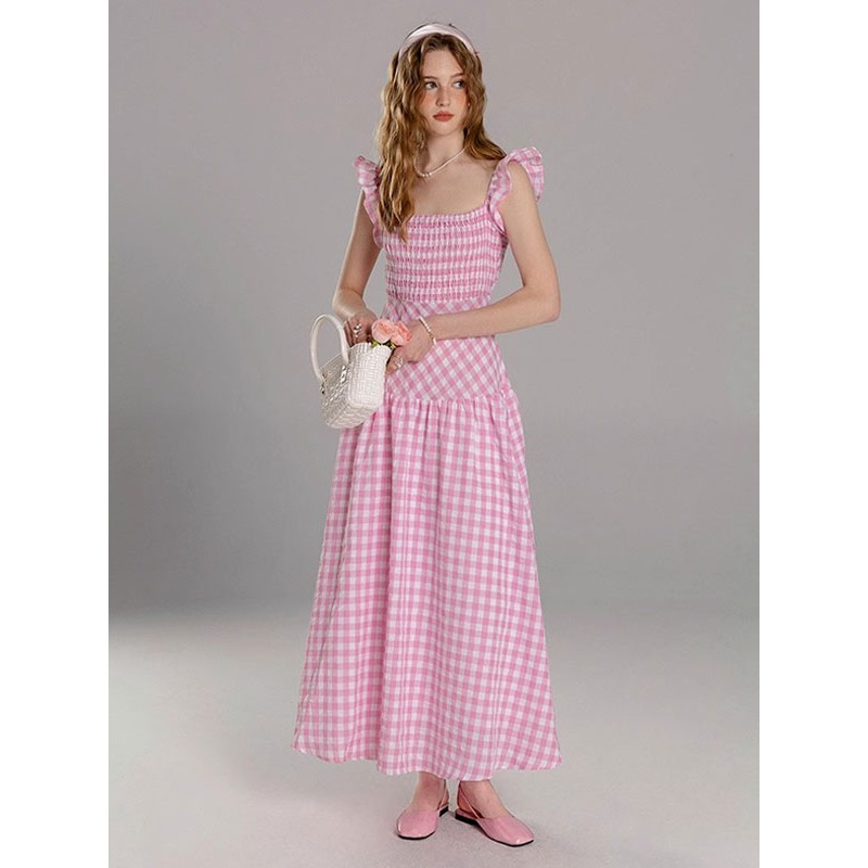 Women Barbie Pink Gingham Dress Square Neck Plaid Long Beach Dress Bodycon Spring Summer Fall