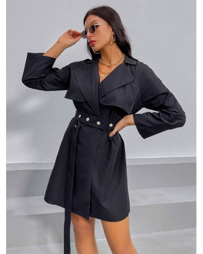 Women Trench Coat Black V-Neck Long Sleeves Belt Slim Fit Spring Fall Outerwear Casual Field Street Wear