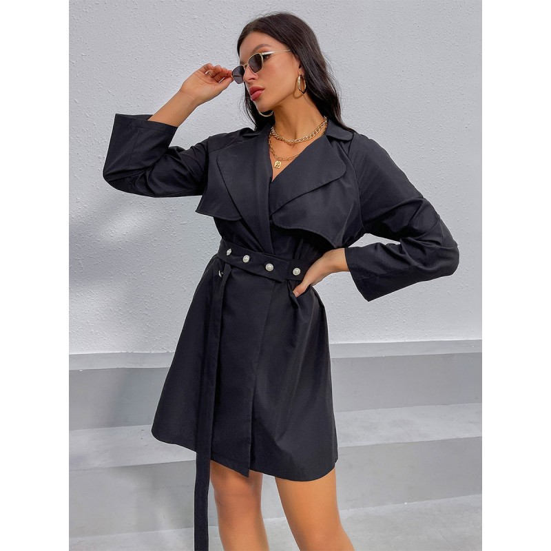 Women Trench Coat Black V-Neck Long Sleeves Belt Slim Fit Spring Fall Outerwear Casual Field Street Wear