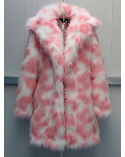 Faux Fur Coats Long Sleeves Casual Two-Tone Turndown Collar Pink Coat Faux Fur Coat Fall Winter