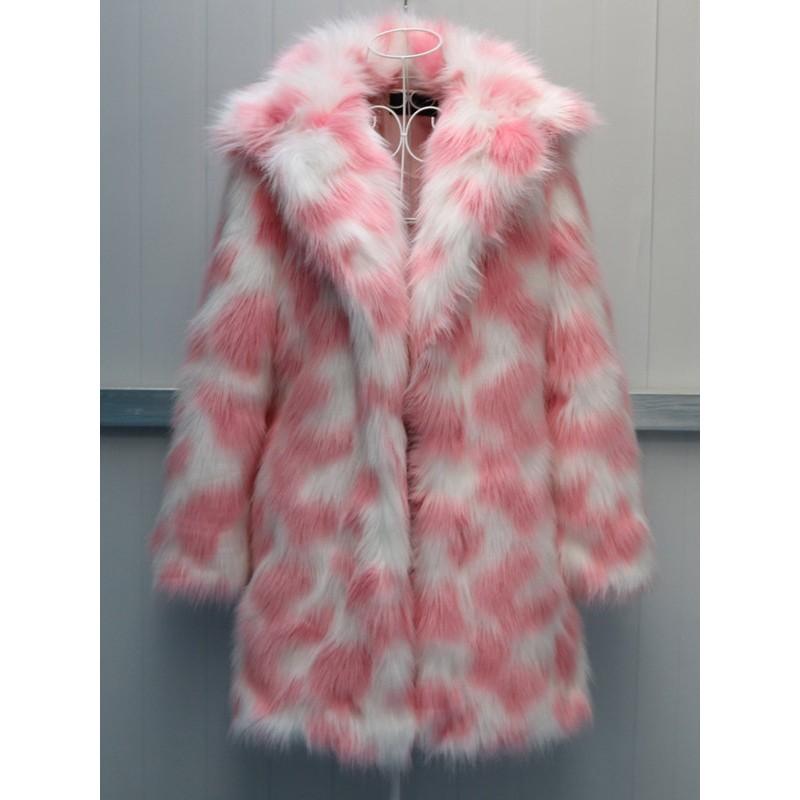 Faux Fur Coats Long Sleeves Casual Two-Tone Turndown Collar Pink Coat Faux Fur Coat Fall Winter