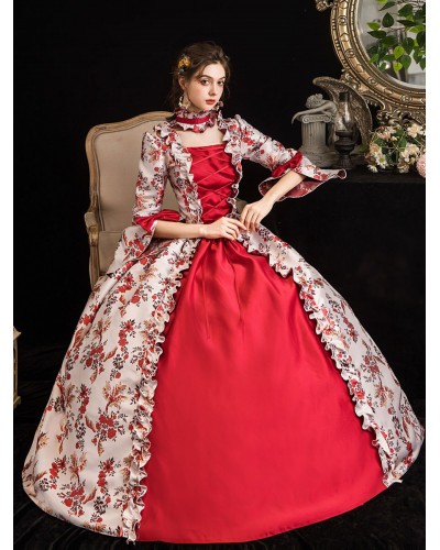 Women Victorian Dress Costumes 's Red Retro Costumes Ruffle Bow Floral Print Dress Marie Antoinette Victorian Era Clothing Masquerade Ball Gown Sets Art Deco/Retro