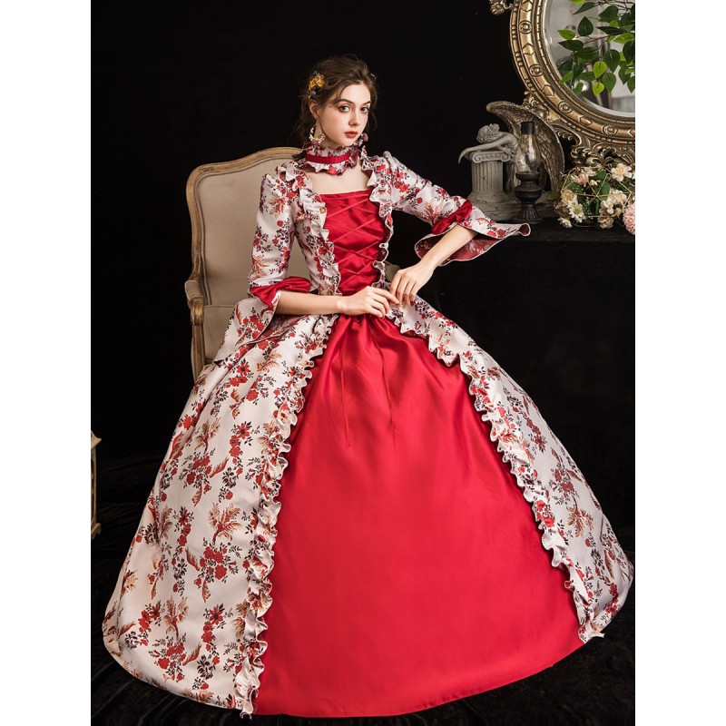 Women Victorian Dress Costumes 's Red Retro Costumes Ruffle Bow Floral Print Dress Marie Antoinette Victorian Era Clothing Masquerade Ball Gown Sets Art Deco/Retro