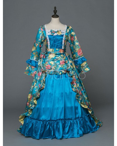 Women Retro Costume Victoria Ball Gowns Royal Long Sleeve Blue Vintage Halloween Costume Dresses Sets Baroque