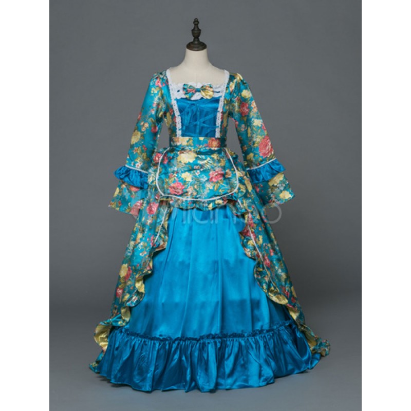 Women Retro Costume Victoria Ball Gowns Royal Long Sleeve Blue Vintage Halloween Costume Dresses Sets Baroque