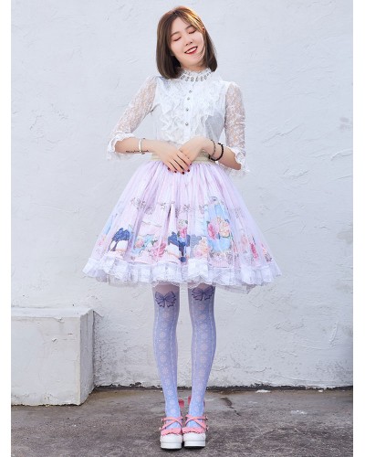 Lace Sweet Lolita SK Pink Floral Print Lolita Skirts Daily Casual Tea Party