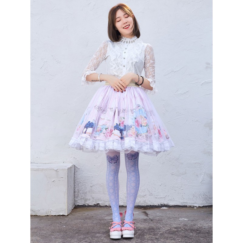 Lace Sweet Lolita SK Pink Floral Print Lolita Skirts Daily Casual Tea Party