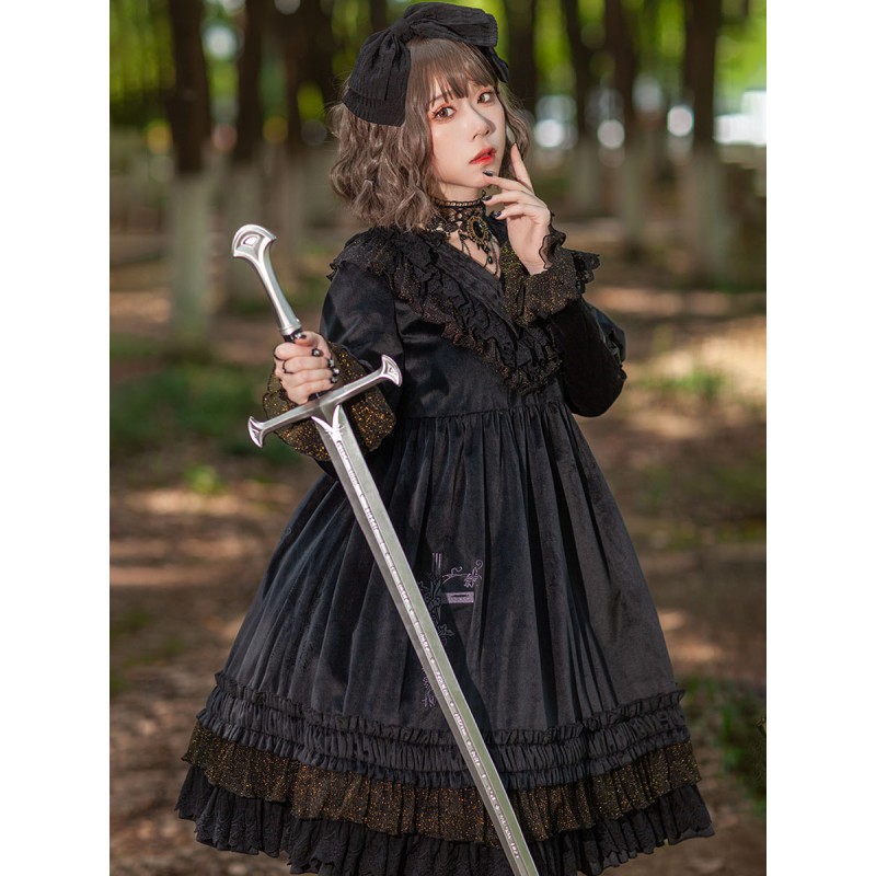 Classical Lolita Dress Velour Long Sleeves Black Lolita Dresses