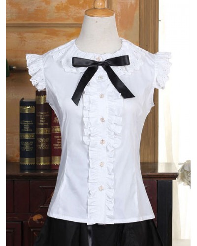 Lolita Blouse White Cotton Short Sleeve Lolita Shirt Sweet Spring Summer Fall Winter