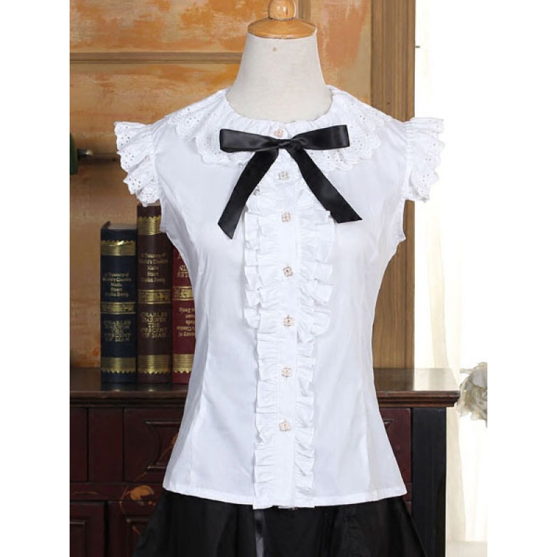 Lolita Blouse White Cotton Short Sleeve Lolita Shirt Sweet Spring Summer Fall Winter