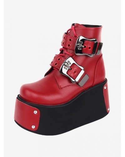 Lolita Red Round Toe PU Leather Lolita Footwear Boots Gothic