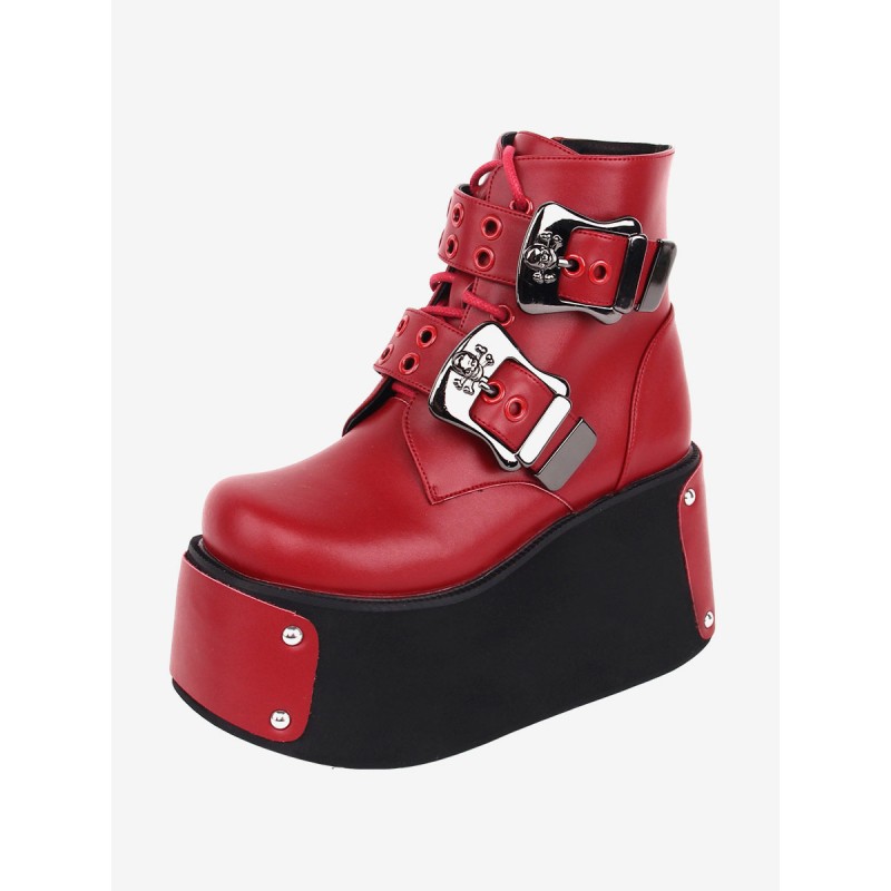 Lolita Red Round Toe PU Leather Lolita Footwear Boots Gothic