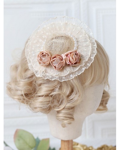 Lolita Hat Fuchsia Pink Pearls Flowers Accessory Polyester Lolita Accessories Sweet ROCOCO Daily Casual Tea Party