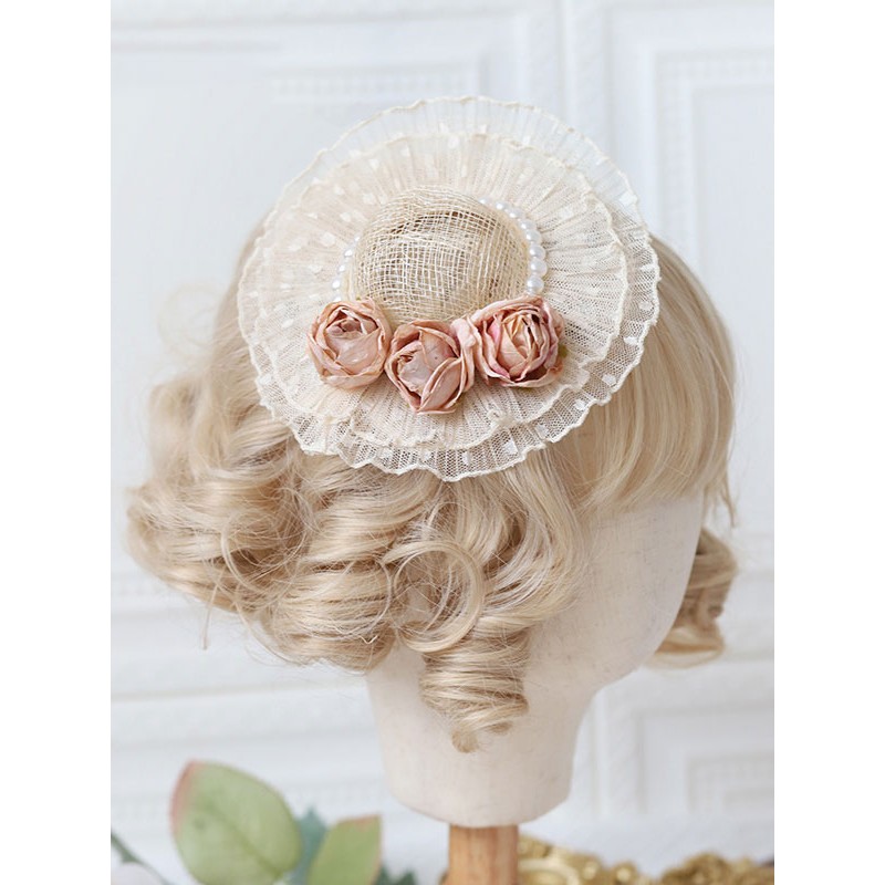 Lolita Hat Fuchsia Pink Pearls Flowers Accessory Polyester Lolita Accessories Sweet ROCOCO Daily Casual Tea Party