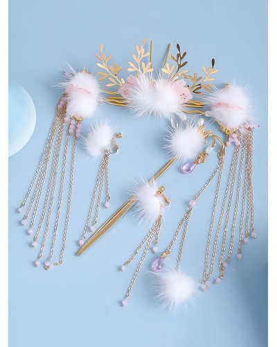 Chinese Style Lolita Headdress Pink Jelly Metal Accessory Fringe Flowers Lolita Hair Accessories