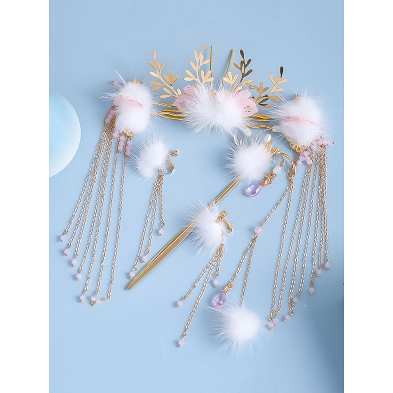 Chinese Style Lolita Headdress Pink Jelly Metal Accessory Fringe Flowers Lolita Hair Accessories