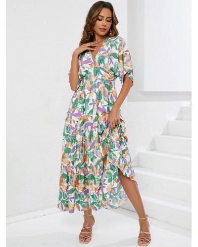 Women Dress V-Neck Printed Layered Green Long Beach Dress Bohemian Summer