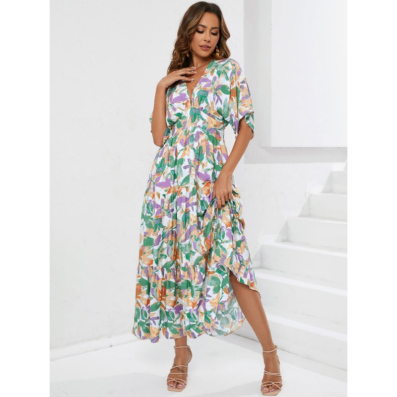 Women Dress V-Neck Printed Layered Green Long Beach Dress Bohemian Summer