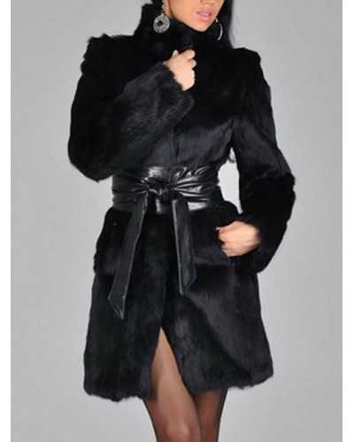 Faux Fur Women Black Long Sleeve Overcoat Sash Excluded Coat Winter