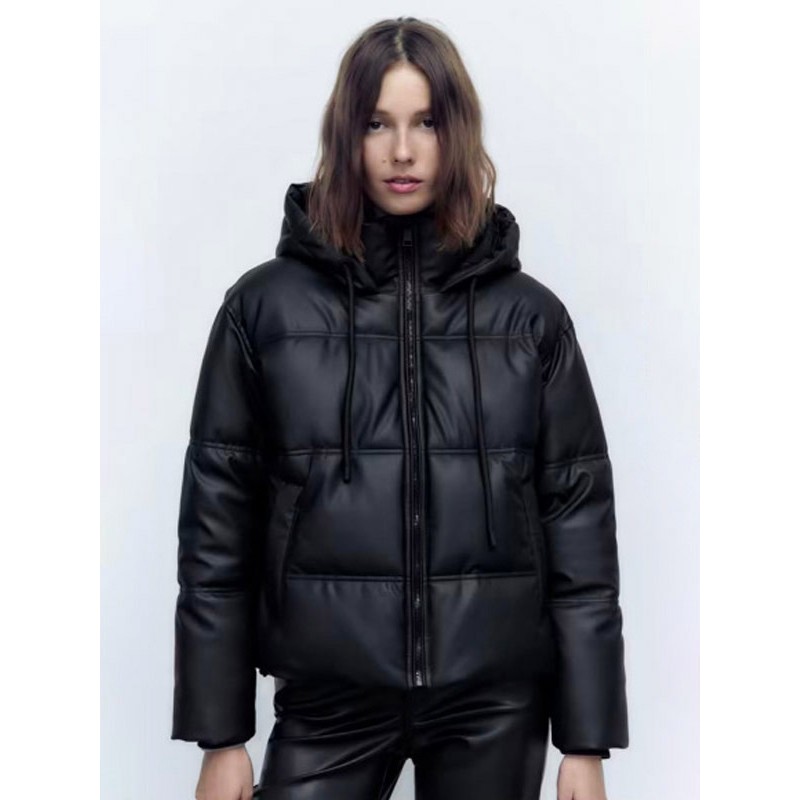 Puffer Coats Black Hooded Pockets Zipper Long Sleeves Outerwear Quilted Coat Fall Winter