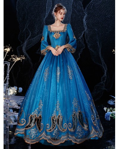 Women Rococo Victorian Retro Costume Dress Royal Blue Masquerade Lace Cotton Cosplay Costume Carnival Euro-Style