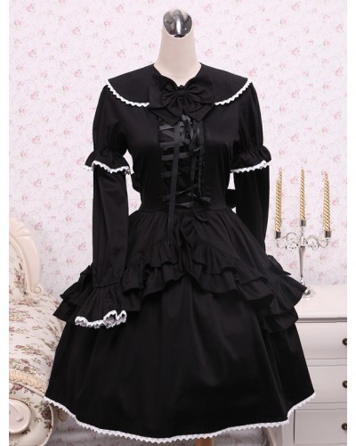 Cotton Black Loltia OP Dress Long Sleeves Lace Up Layered Ruffles Bow Gothic Fall Tea Party