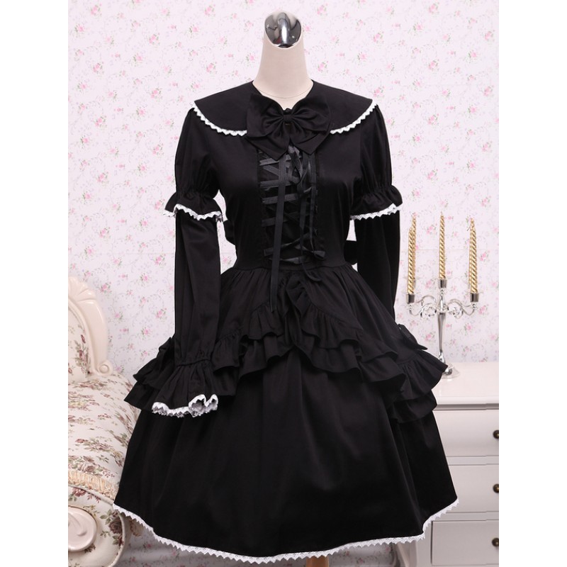 Cotton Black Loltia OP Dress Long Sleeves Lace Up Layered Ruffles Bow Gothic Fall Tea Party