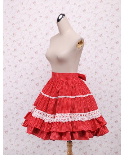 Cotton Red Lace Ruffles Bow Lolita Skirt Sweet Summer Daily Casual