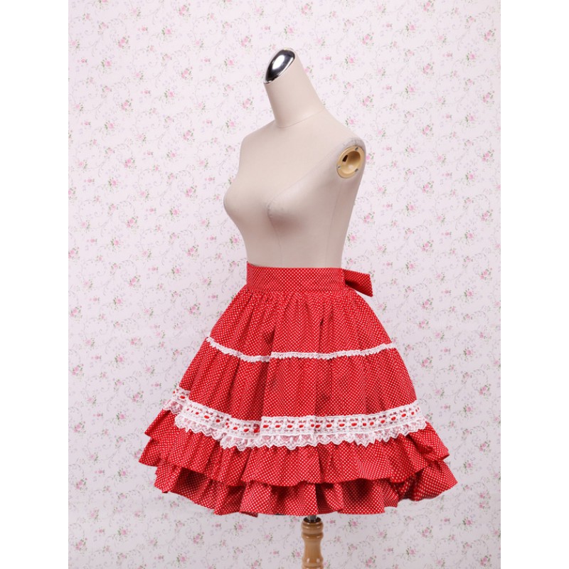 Cotton Red Lace Ruffles Bow Lolita Skirt Sweet Summer Daily Casual