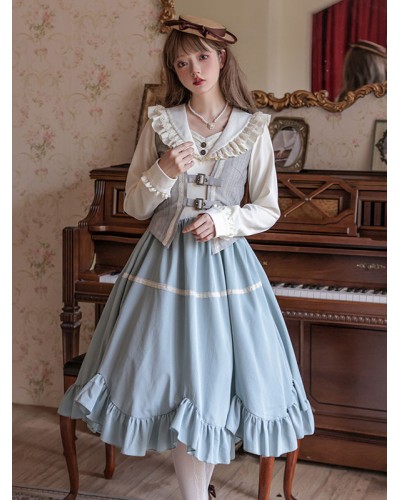 Classical Lolita Dress Polyester Ruffles Long Sleeves Lolita Dresses Classic Light Sky Blue