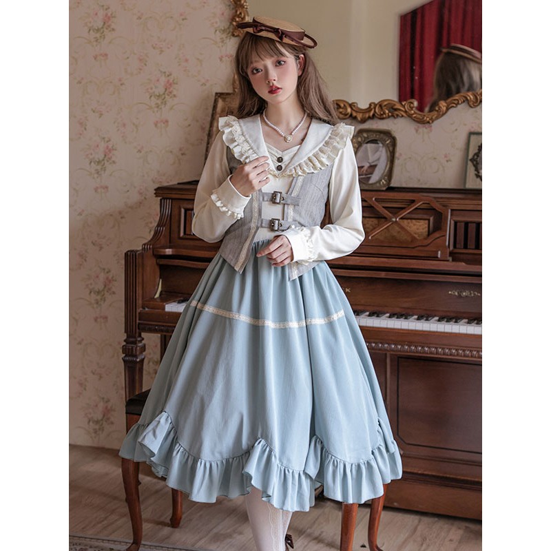 Classical Lolita Dress Polyester Ruffles Long Sleeves Lolita Dresses Classic Light Sky Blue