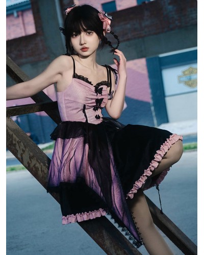 Gothic Lolita Dresses Ruffles Lace Butterfly Pattern Pink Pink