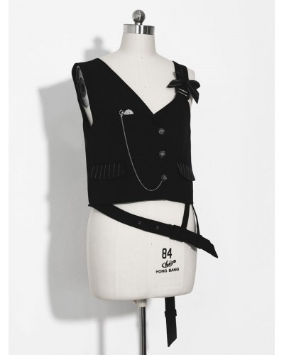 【Pre-sell】 Lolita Ouji Fashion Black Asymmetrical Shoulder Strap Waistcoat Gilets Gothic Daily Casual Tea Party