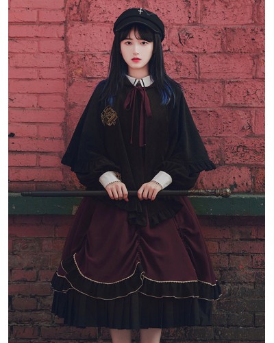 Black Lolita Poncho Polyester Embroidered Color Block Lolita Outwears Fall Winter